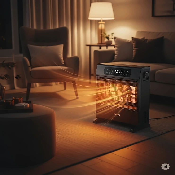 A modern black fan forced heater quickly warming a cozy living room, illustrating efficient home heating.