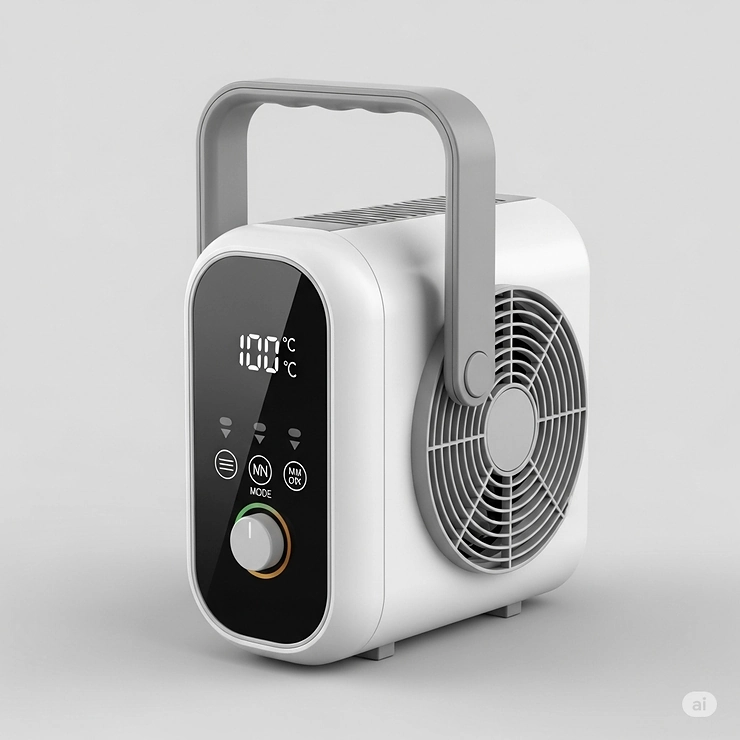 Lightweight and portable design of a fan forced electric heater, complete with integrated handle for easy room-to-room movement.