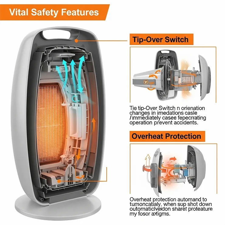 Infographic highlighting essential safety features of a fan forced electric heater, including tip-over switch and overheat protection.
