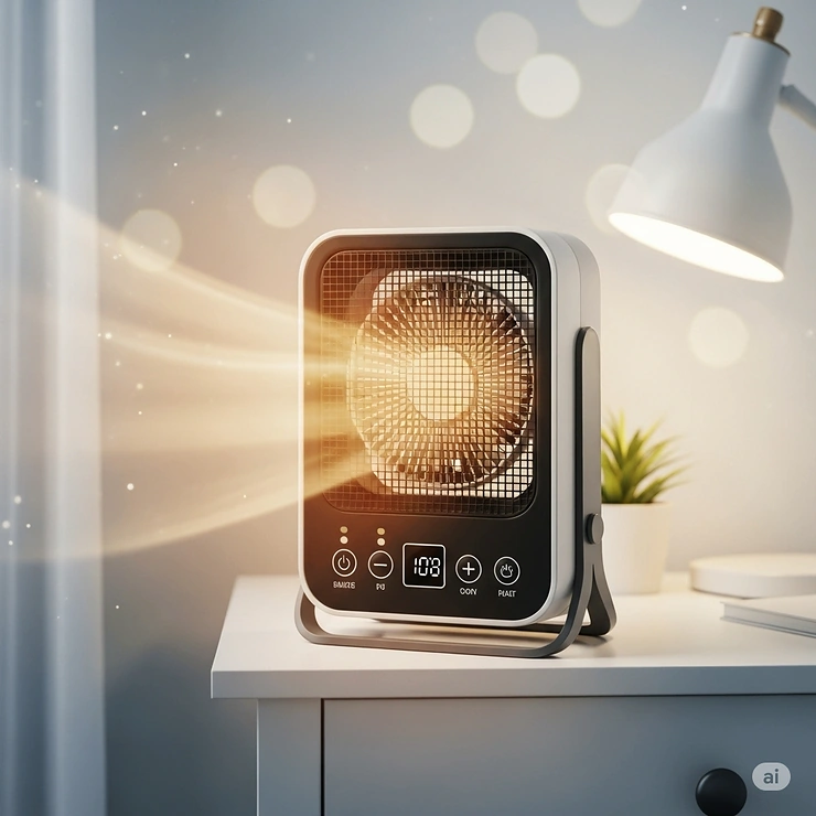 Compact fan forced electric heater providing supplemental warmth in a small office or bedroom, ideal for personal spaces.