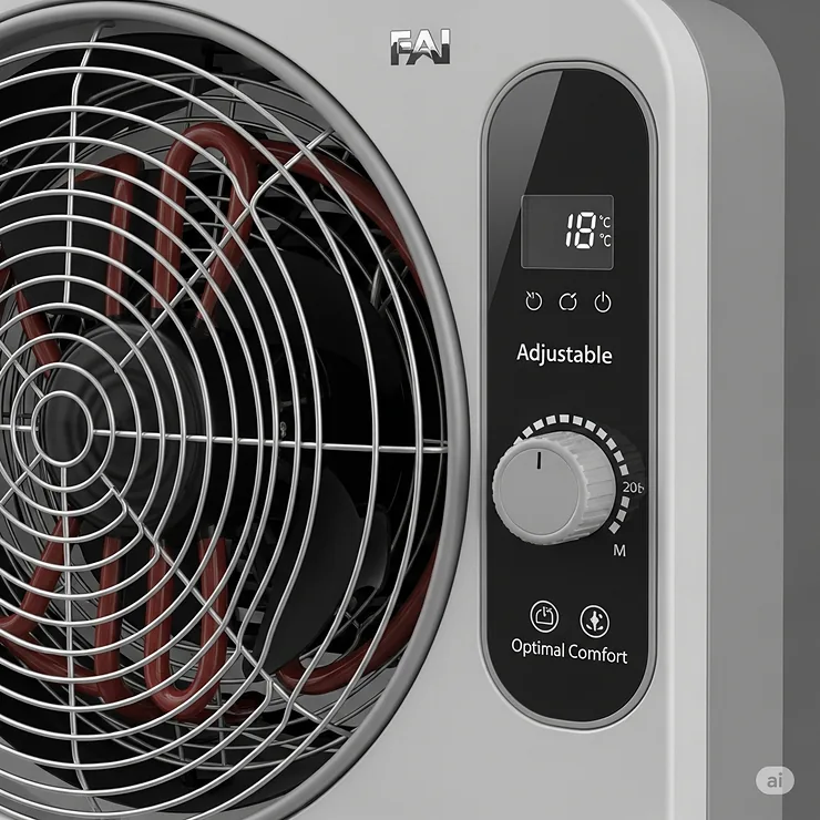 Fan forced heater with an adjustable thermostat dial, allowing precise temperature control for optimal comfort.
