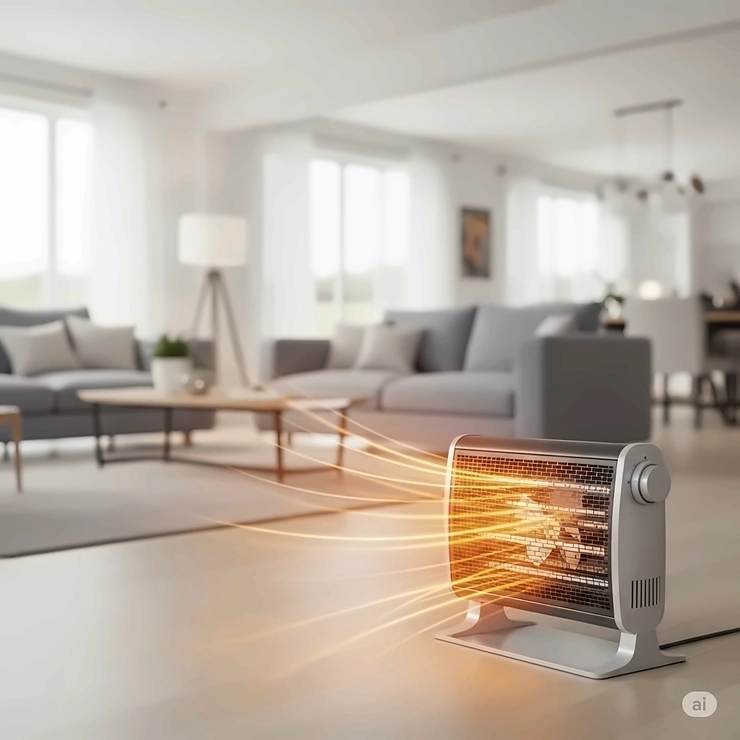 Fan forced electric heater used for targeted zonal heating in a larger open-plan living area, efficiently warming specific zones.