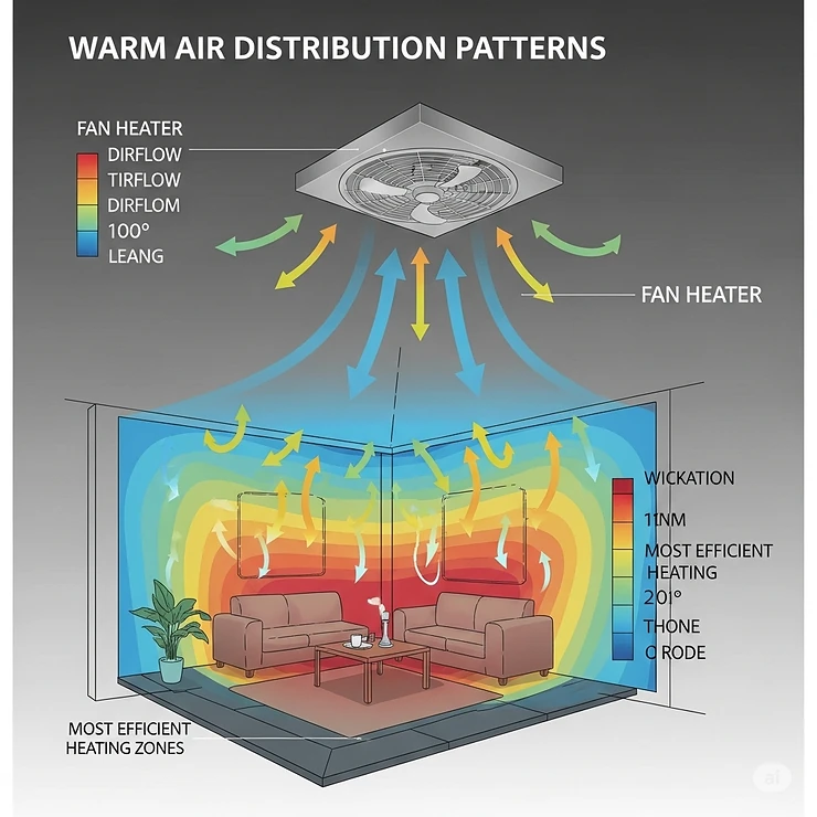 Diagram illustrating the warm air distribution patterns of a ceiling-mounted fan heater, highlighting efficient room heating.