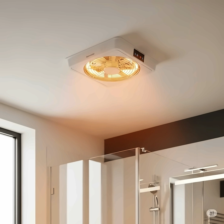 Image of a compact fan heater ceiling unit providing quick, targeted warmth in a contemporary bathroom, ideal for cold mornings.