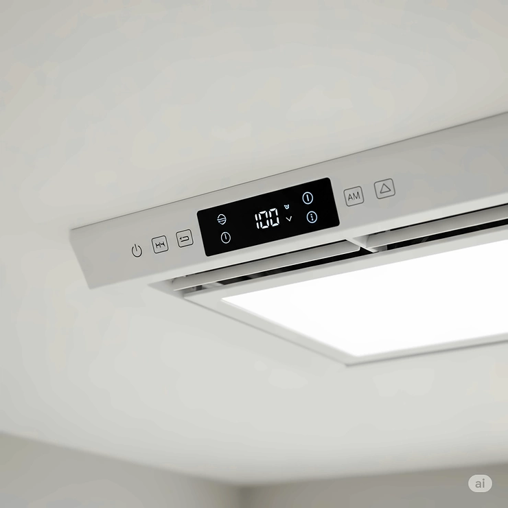 Close-up of the user-friendly digital controls and integrated thermostat on a contemporary fan heater ceiling unit.