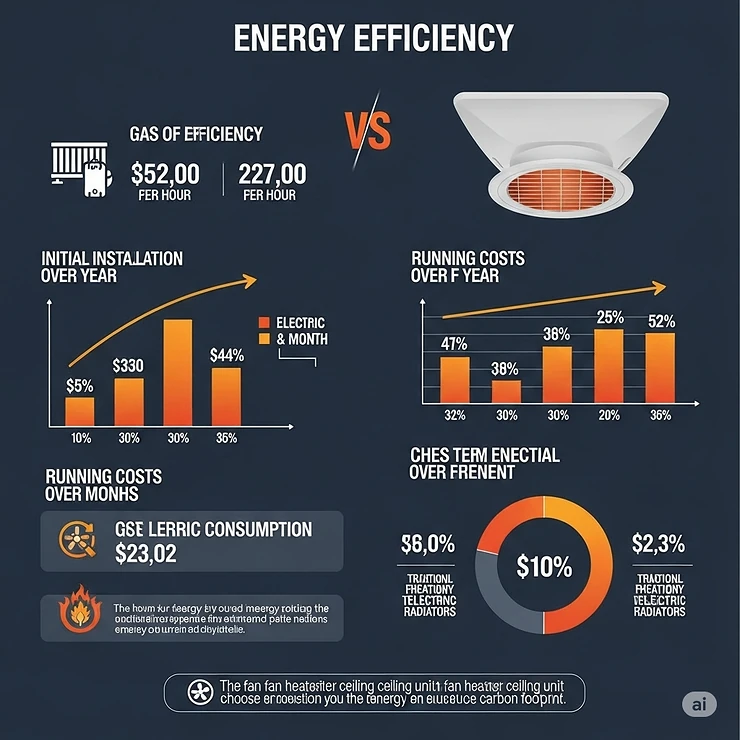 Infographic comparing the energy efficiency of a fan heater ceiling unit with traditional heating methods, showcasing cost savings.