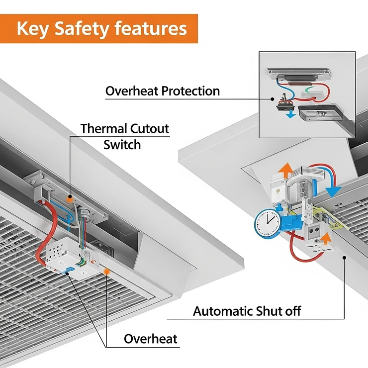 Illustration detailing key safety features, such as overheat protection and automatic shut-off, found in modern fan heater ceiling systems.