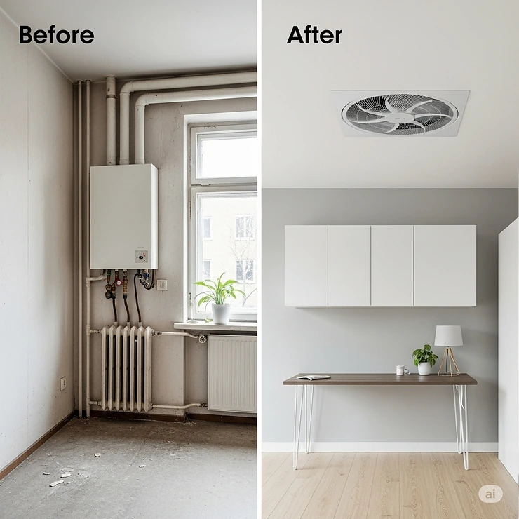 Visual comparison showing the transformation from an outdated heating system to the discreet, space-saving design of a new fan heater ceiling installation.