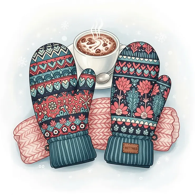 Illustration showcasing stylish, patterned mittens, combining fashion with the practical benefit of hand warmth.