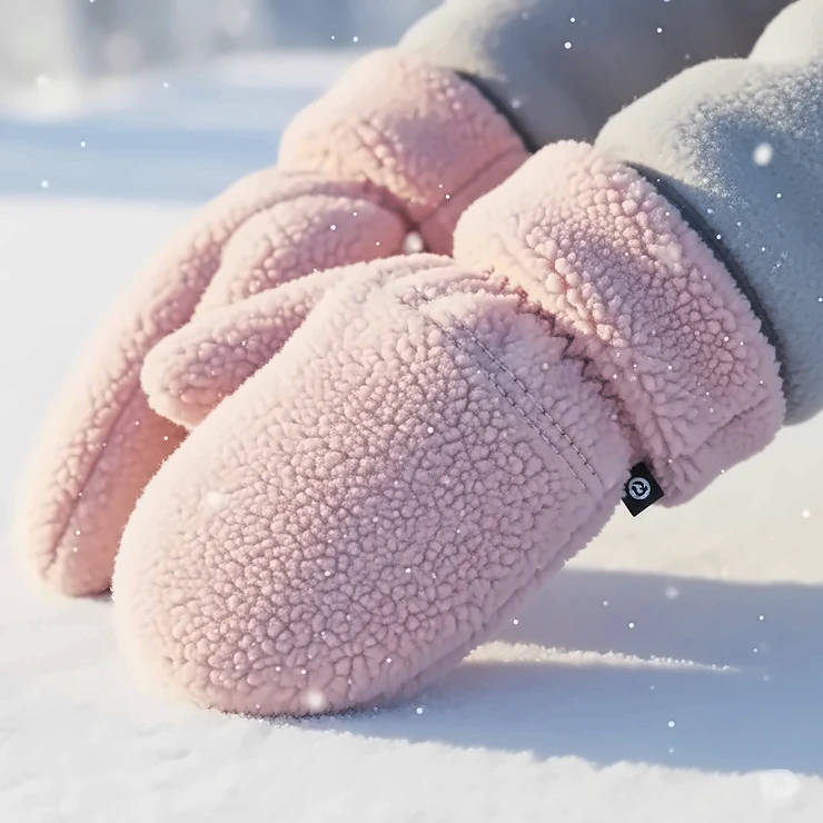 Illustration highlighting the soft texture of fleece mittens, emphasizing their comfort and ability to act as hand warmers.