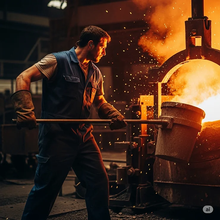 A foundry worker confidently performing tasks in a high-temperature environment, protected by heavy-duty heat resistant work gloves.