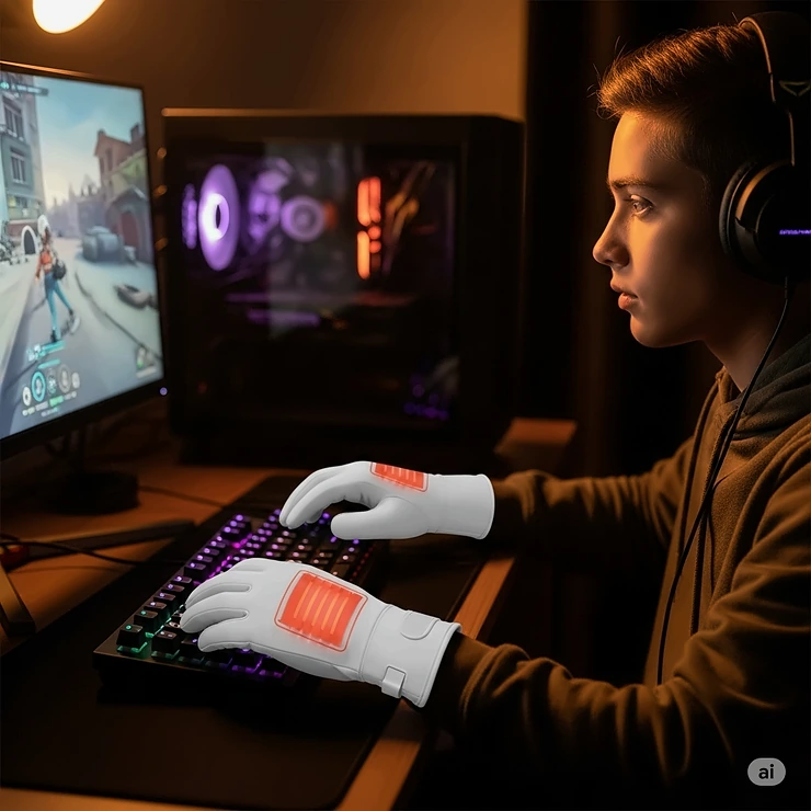 A gamer actively playing with heated typing gloves, emphasizing their suitability for extended gaming sessions by keeping hands warm and agile.