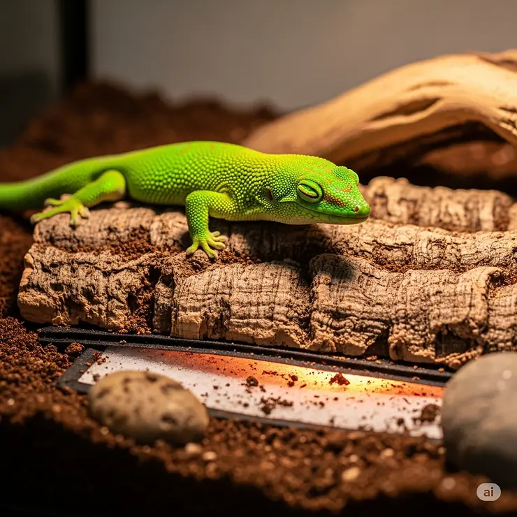 A vibrant gecko comfortably basking on a substrate warmed by an under-tank reptile pad heater, showcasing its natural thermoregulation behavior.