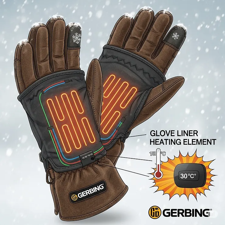 Illustration of Gerbing heated glove liners, showing how they can be worn under existing gloves for added warmth.