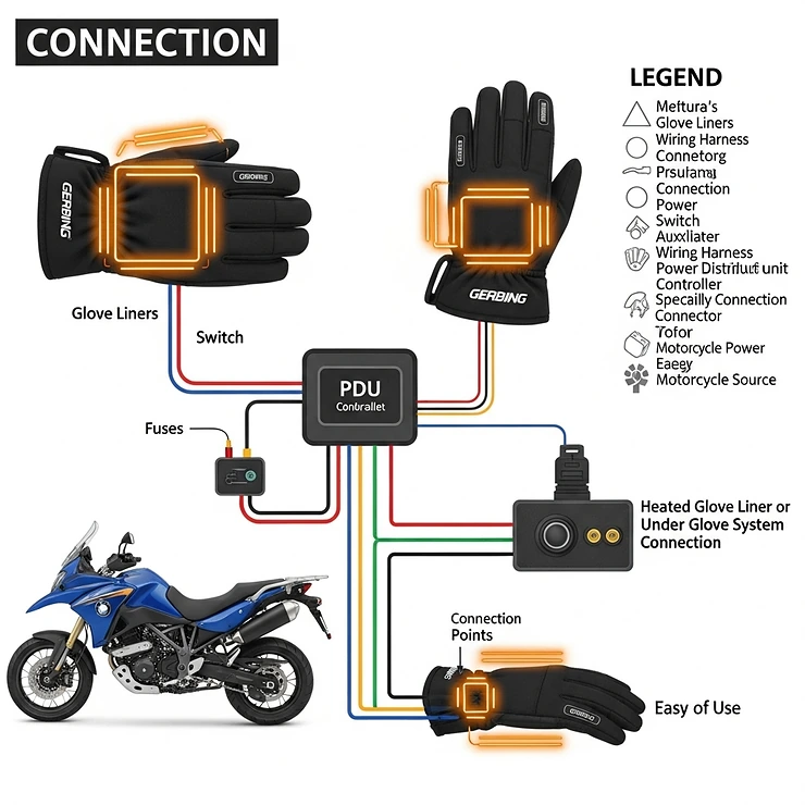 Diagram illustrating how Gerbing heated gloves connect to a motorcycles power system for continuous warmth on long rides.