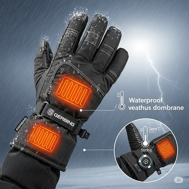 Illustration emphasizing the waterproof and weather-resistant design of Gerbing heated gloves, ideal for various conditions.