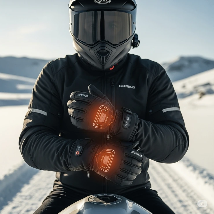 Gerbing heated gloves keeping a motorcyclists hands warm during a winter ride, showcasing their comfort and effective heat. gerbing gloves heated