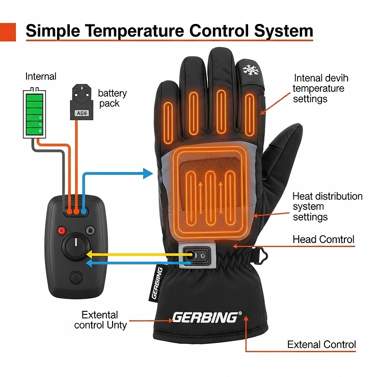Diagram showing the easy-to-use temperature control system on Gerbing heated gloves, allowing riders to adjust warmth levels.