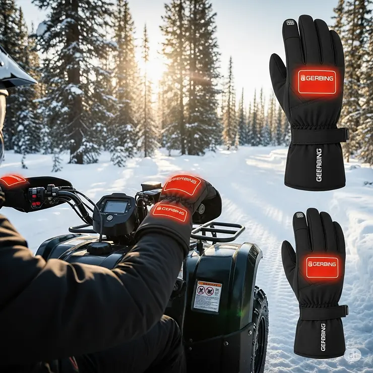 Scene showing someone wearing Gerbing heated gloves while engaging in a winter activity like snowmobiling or ATV riding, showcasing their versatility.