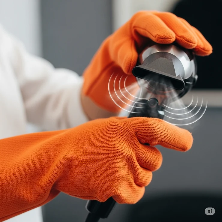 Visual representation of fingers shielded by heat resistant gloves when handling a hot blow dryer nozzle for hair drying.