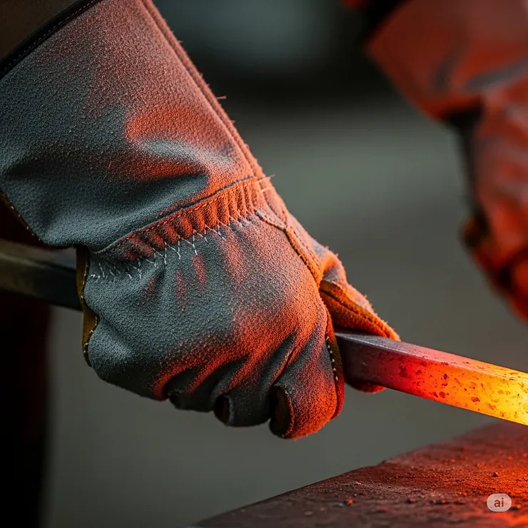 A hand safely grasping a hot metal object while wearing robust heat resistant work gloves, emphasizing their protective barrier against extreme temperatures.