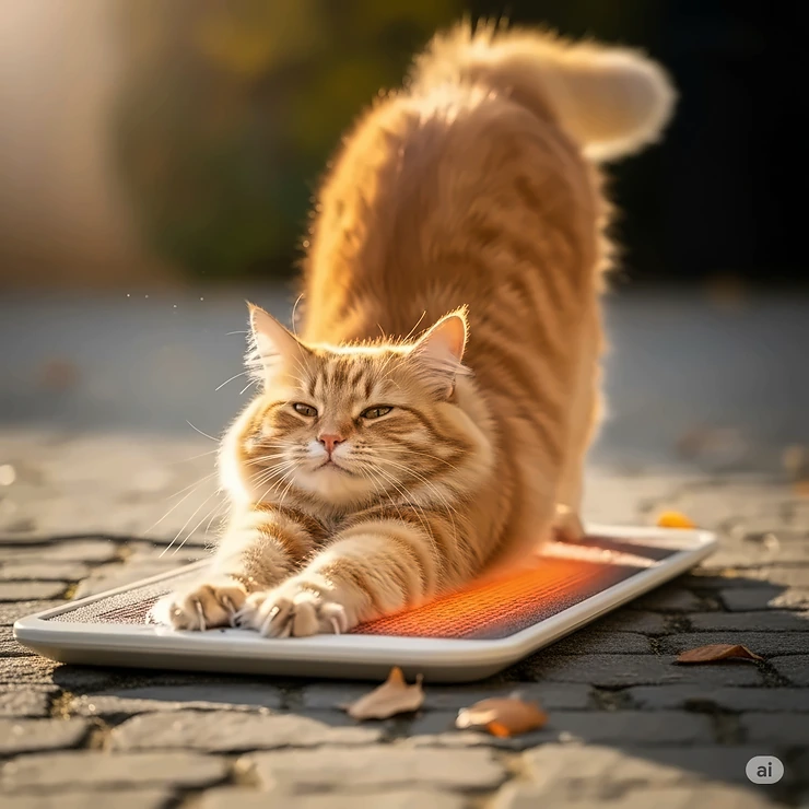 A contented cat stretching leisurely on a warm outdoor heating pad, illustrating the comfort and warmth it provides for outdoor felines.