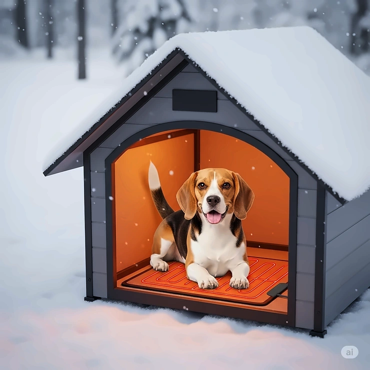 A cheerful dog comfortably inside a warm dog house on a snowy day, benefiting from an effective dog house heating pad.