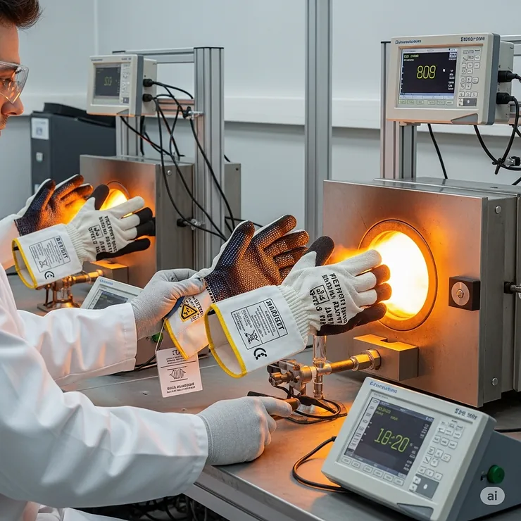 Laboratory image showing heat resistant work gloves undergoing rigorous testing to ensure their performance and compliance with safety standards.