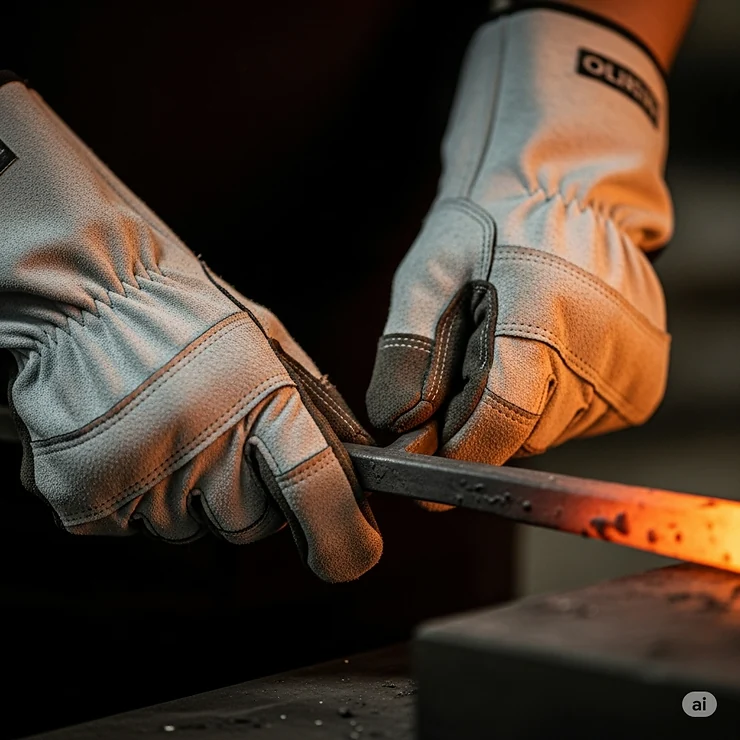 A close-up of a worker wearing durable, high-performance heat resistant work gloves while handling hot materials, showcasing their protective design.