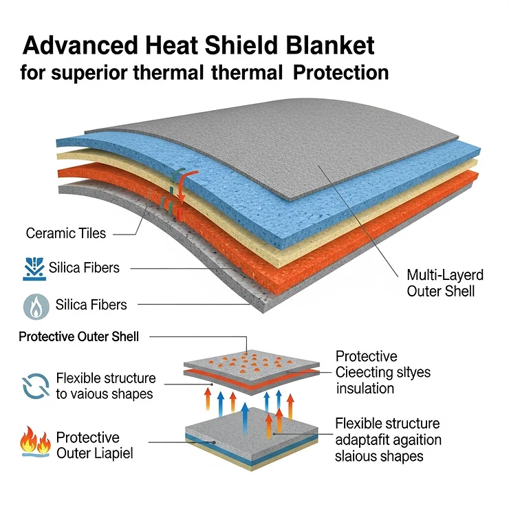 Diagram illustrating the multi-layered construction of an advanced heat shield blanket for superior thermal protection.