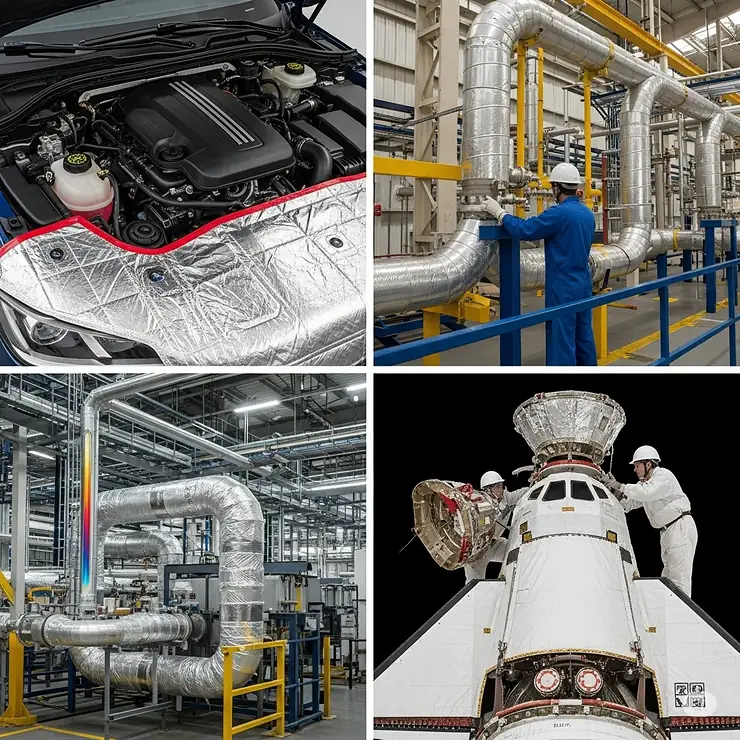 Diverse applications of heat shield blankets, including automotive, industrial, and aerospace environments, highlighting their versatility.