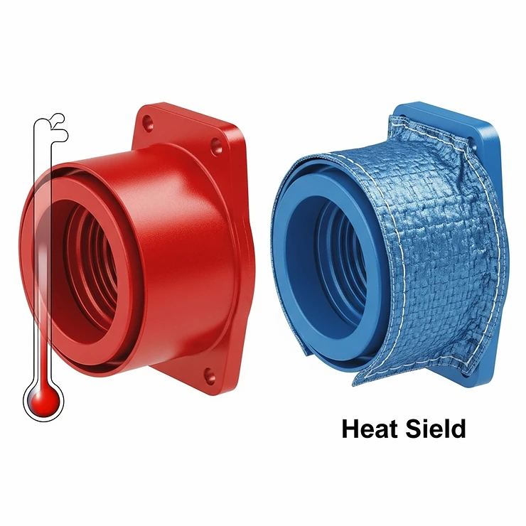 Visual comparison demonstrating significant temperature reduction on components with a heat shield blanket installed.