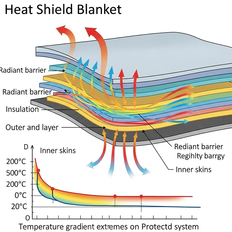 Diagram illustrating how a heat shield blanket effectively reflects and dissipates thermal energy, protecting underlying systems.
