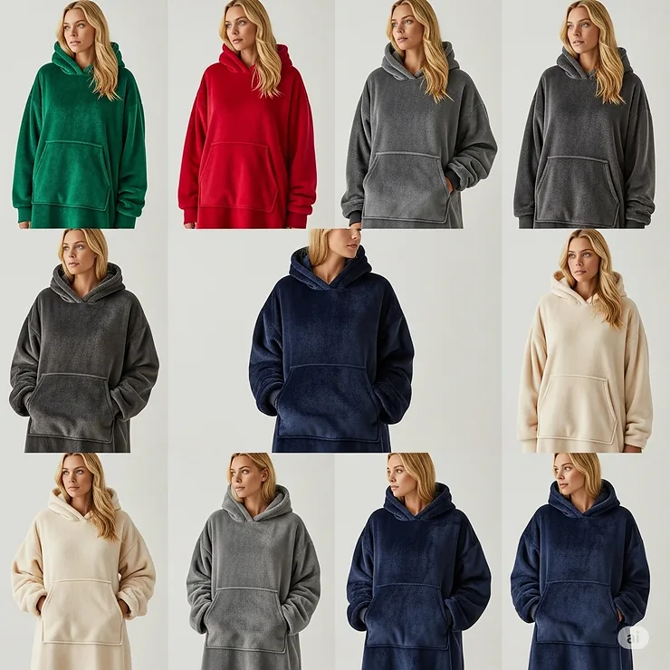 A display of various vibrant and neutral color options available for a heated blanket hoodie, offering choices to match any style.