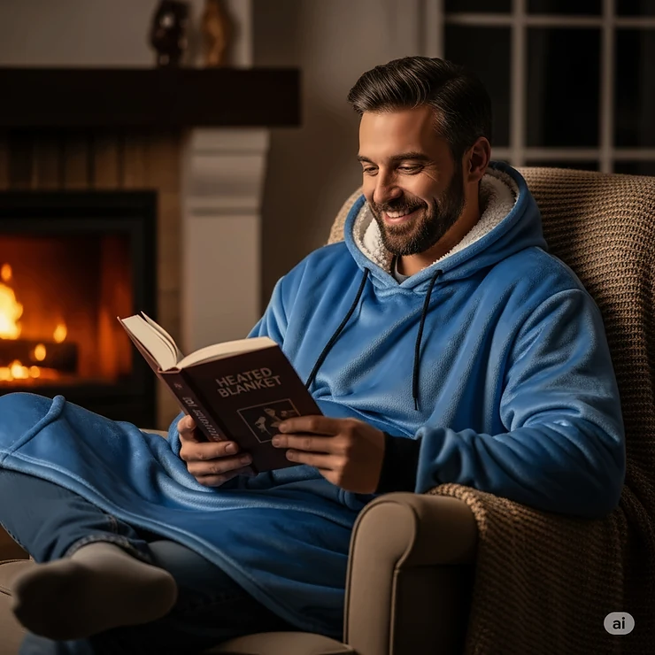 A smiling individual enjoying the warmth and comfort of a heated blanket hoodie while reading a book indoors, showcasing its perfect use for chilly evenings.