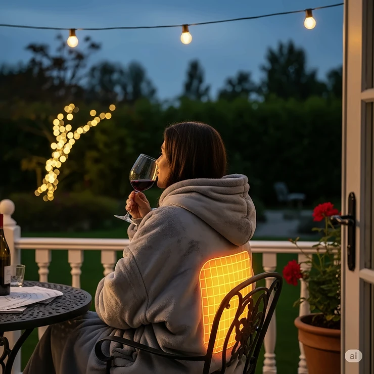 A person comfortably bundled in a heated blanket hoodie, enjoying a cool evening on a patio, demonstrating the versatility of this wearable blanket.