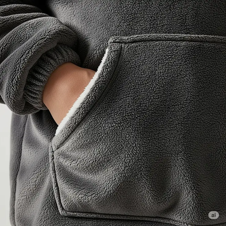 Close-up detail of the spacious front pocket on a heated blanket hoodie, perfect for keeping hands warm or storing small essentials.