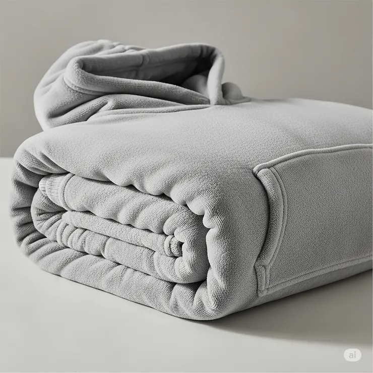 A neatly folded heated blanket hoodie, showcasing its compact design for easy storage and portability.