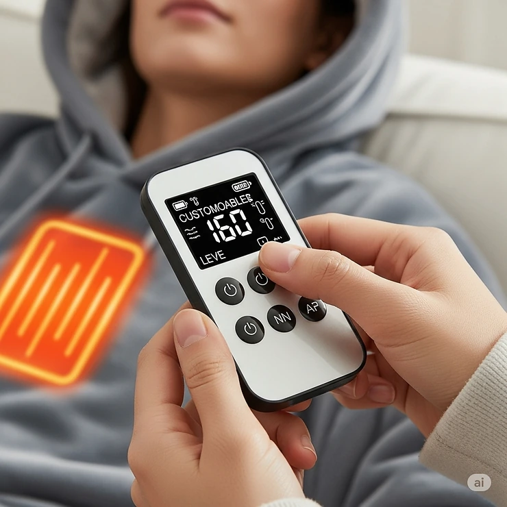 Hand adjusting the temperature settings on a remote control for a heated blanket hoodie, highlighting its customizable warmth levels.