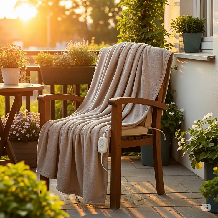 A cozy heated blanket draped over an outdoor patio chair, ready for a cool evening.