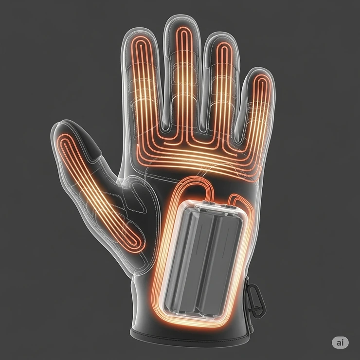 An x-ray style illustration of a heated fishing glove, highlighting the internal heating elements and battery pack for optimal warmth on the water.