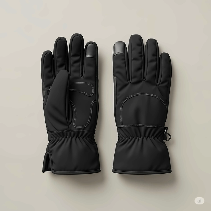 A pristine pair of black heated fishing gloves laid flat on a neutral background, showcasing their waterproof material and durable design for cold weather angling.