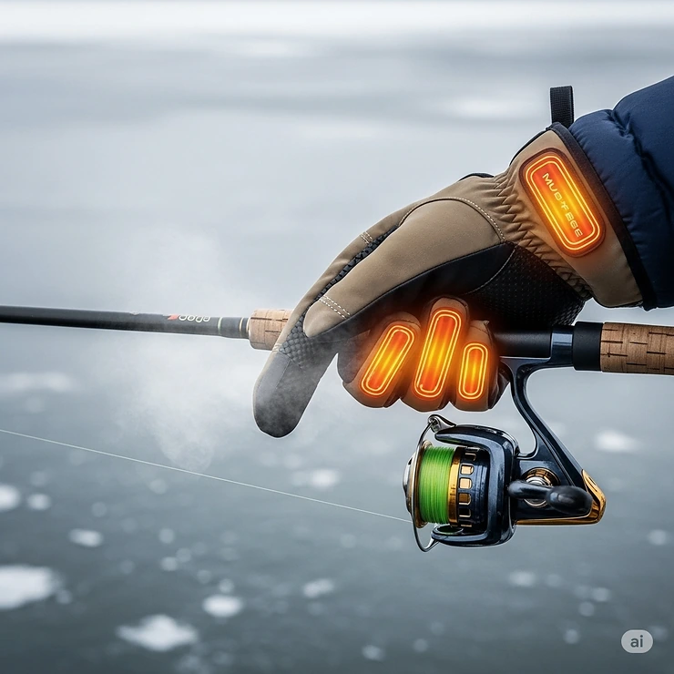 An angler's gloved hand, wearing heated fishing gloves, firmly gripping a fishing rod, demonstrating excellent dexterity and control despite the cold.