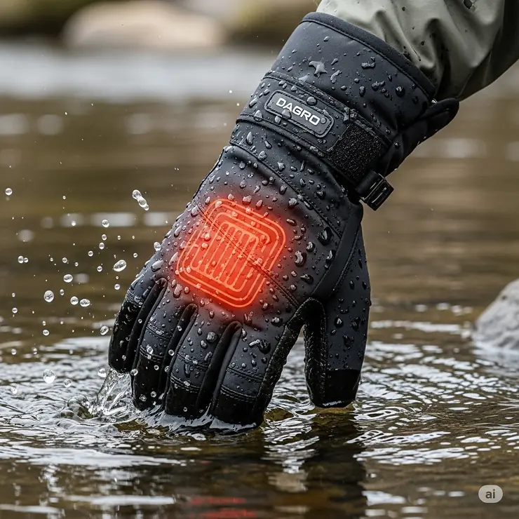 A hand wearing a heated fishing glove submerged in water, with water droplets beading off, illustrating the waterproof and weather-resistant properties crucial for fishing.