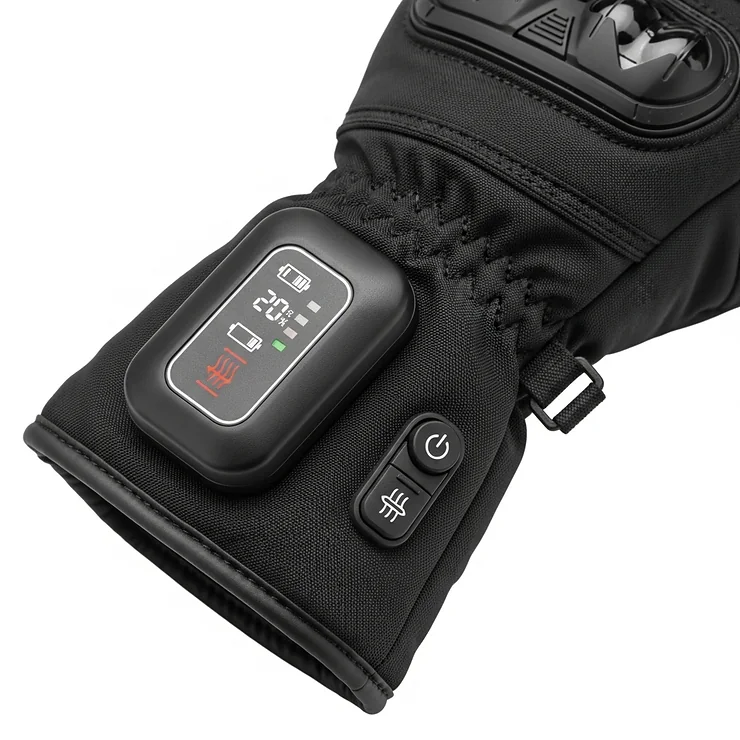 Detail view of the wrist cuff of heated motorcycle gloves, showing the integrated battery pack and control button for adjusting heat settings.
