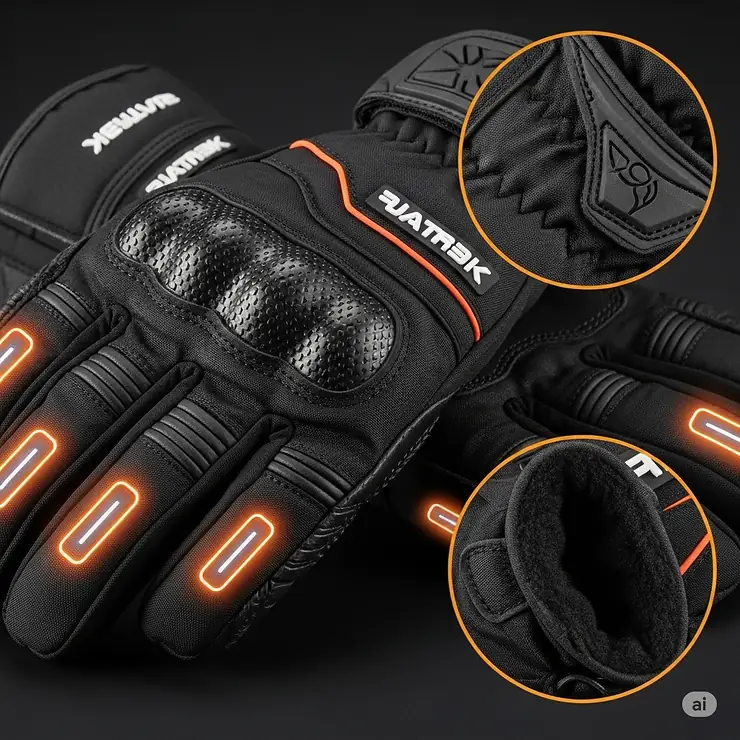 Close-up highlighting key features of heated gloves for motorcycle riding, such as waterproof outer layers and thick insulation for maximum protection.