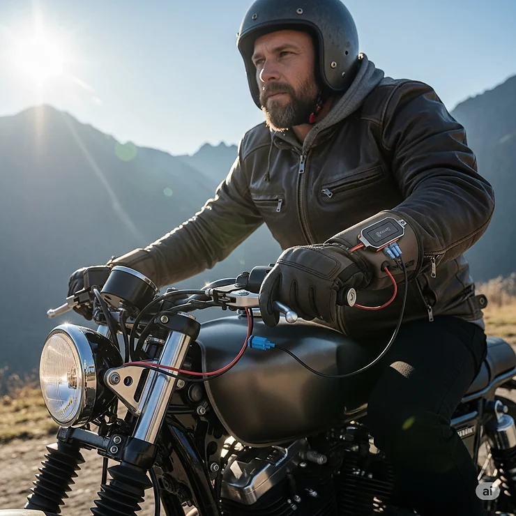 Motorcycle rider connecting heated gloves directly to the bike's power system for continuous warmth during long rides.