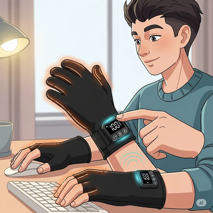 An illustration of a user adjusting the temperature settings on their heated typing gloves, highlighting customizable warmth for optimal comfort.