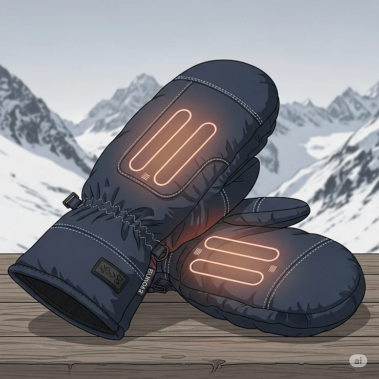 Illustration depicting heated mittens with subtle heating elements, providing extra warmth for severe cold.