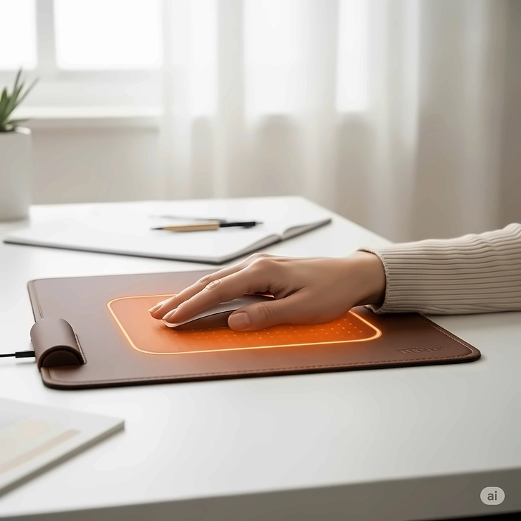 Hand resting on a heated mouse pad or desk mat, a unique personal heating accessory for a home office, adding warmth during winter work.